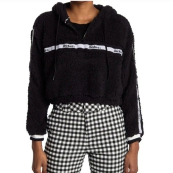DICKIES Fleece Faux Shearling Cropped Drawstring Hoodie Sweatshirt  XS - Picture 1 of 7